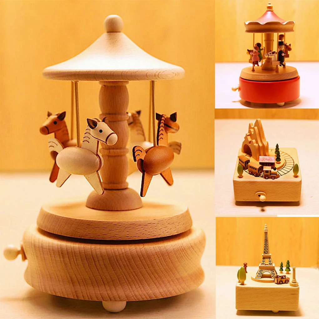 Snow Globe Musical - Wooden Carousel Music Box Ornaments Rotatable